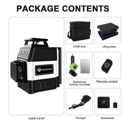Pracmanu Mini 12-Line 3D Laser Level — Self-Leveling 360° Horizontal & Vertical Green Laser Beam