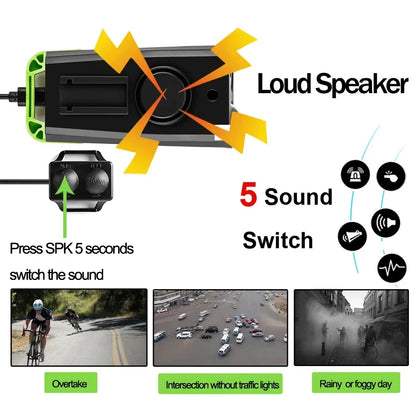 4 Mode USB Bike Light Lamp – Bicycle Computer with 3-Mode Horn, Flashlight, LED Front Lights, Speedometer, and Headlight