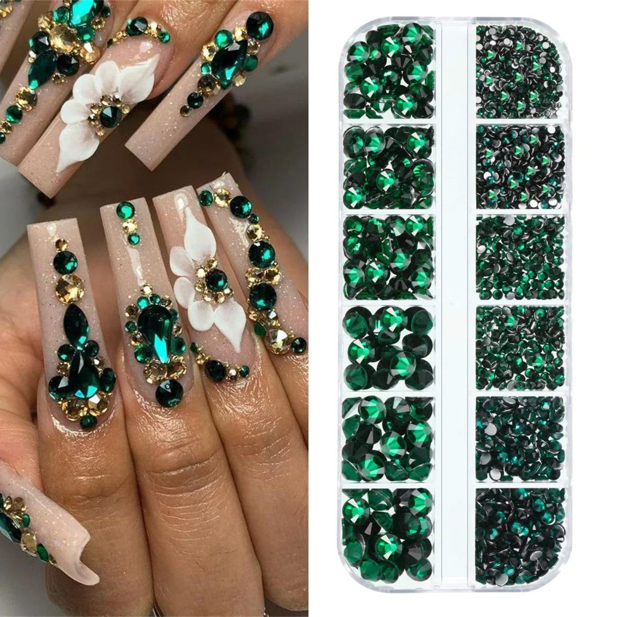 12-Grid 3D Glass AB Crystal Nail Art Rhinestones Kit – Flatback Round Beads with Tools for Nail Jewelry & Diamond Decoration