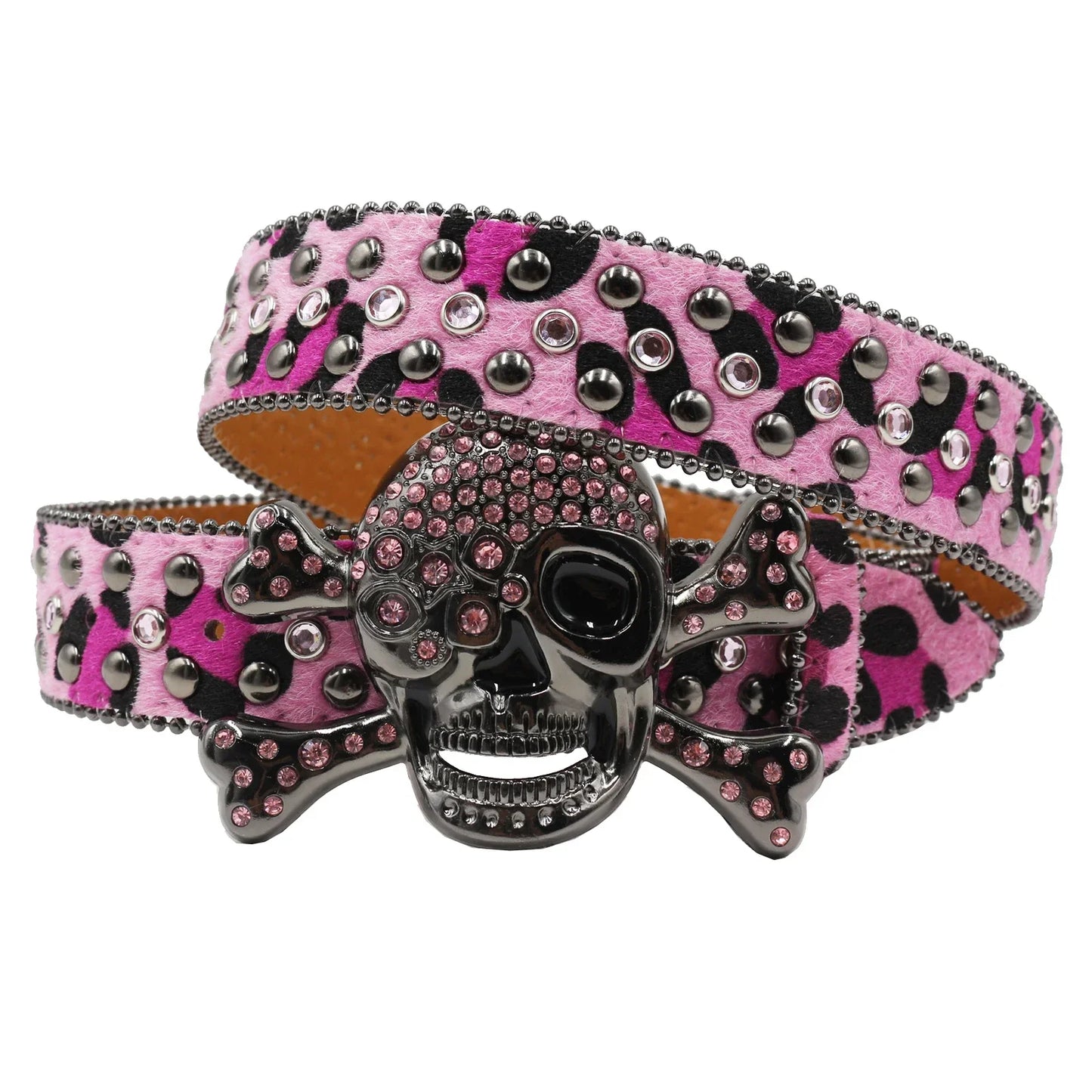 Women’s Rhinestone Skull Leather Belt – Luxury Designer Studded Strap for Jeans, White & Black