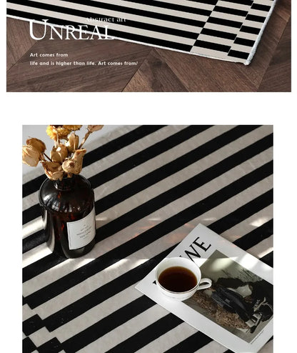 Light Luxury Black & White Plaid Rug — Fluffy Soft Carpet for Bedroom, Living Room, Study, and Home Decor