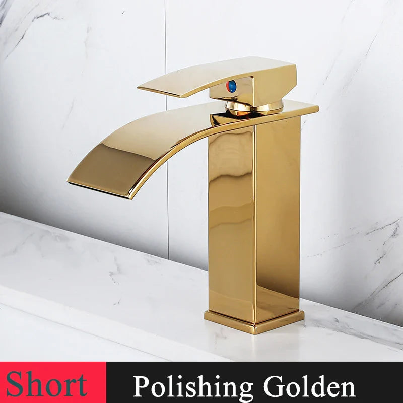 Bathroom Basin Sink Faucet - Deck Mount Waterfall Spout Tap with Single Handle, Hot & Cold Water Mixer for Vanity Washbasin