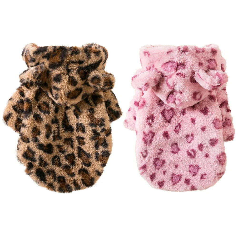 Warm Fleece Dog Hoodie: Winter Leopard Dog Coat Jacket - French Bulldog Clothing for Small Dogs, Pet Costumes