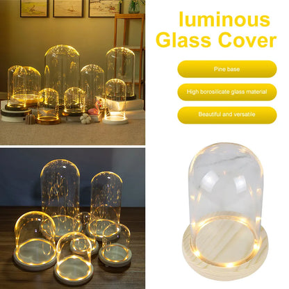Glass Dome with Wooden Base & LED Light – Terrarium Vase, Flower Holder, Landscape Container for Bedroom Decor & Birthday Gifts