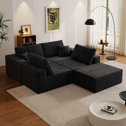 139" Cloud Sectional Sofa – Deep Seat Modular L-Shape Corduroy Couch, Frameless 4-Seater Living Room Sofa with Left Chaise (Black)