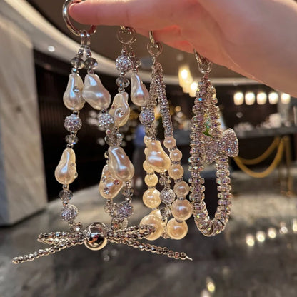 Luxury Pearl & Crystal Bead Keychain – Rhinestone Lanyard for iPhone, Samsung, Universal Accessories, Anti-Lost Jewelry Pendant