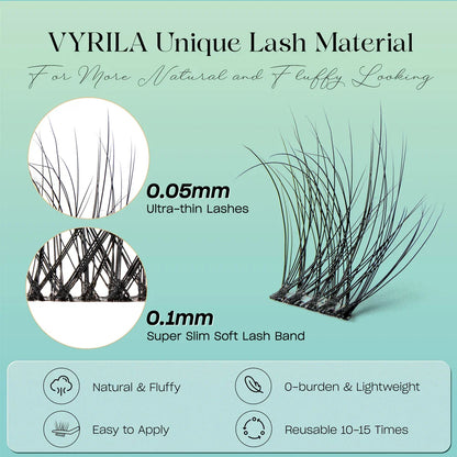 Individual Cluster Lashes C Curl – 3D Wispy DIY Extensions, 0.1mm Thin Band, Reusable & Natural