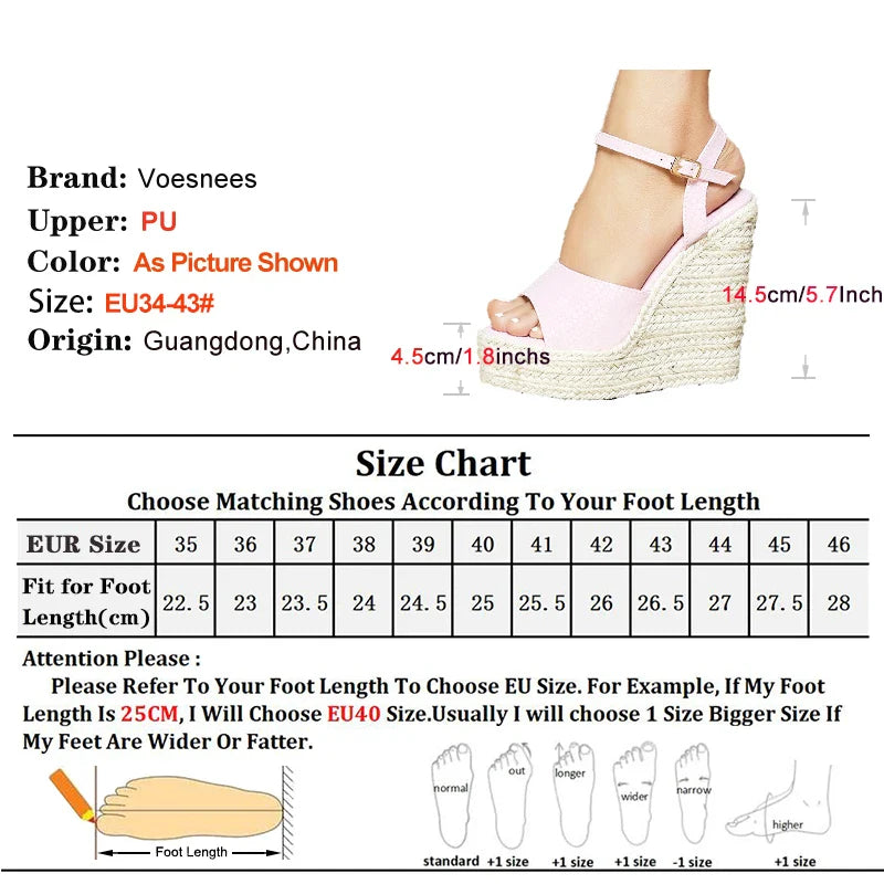 2024 Women’s Hemp Rope Platform Sandals – Wedge Party High Heels 14.5CM, Ankle Buckle, Comfortable Plus Size