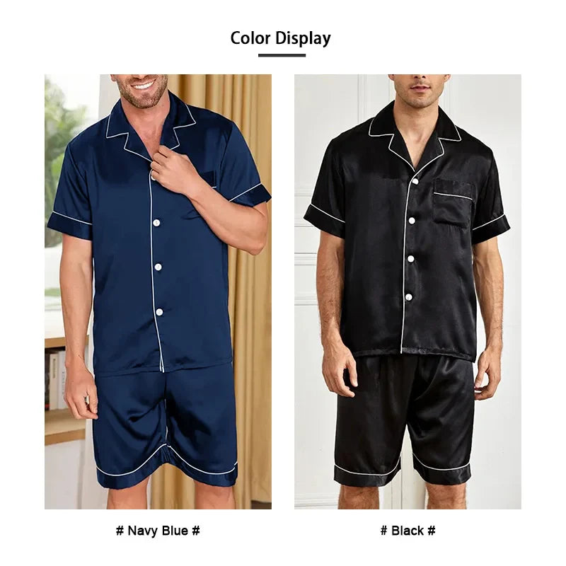 Men’s Satin Pajama Set – Summer Short Sleeve Button-Down Shirt & Shorts, 2-Piece Sleepwear Home Clothes