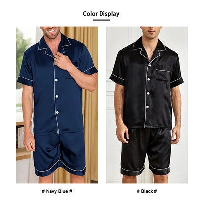 Men’s Satin Pajama Set – Summer Short Sleeve Button-Down Shirt & Shorts, 2-Piece Sleepwear Home Clothes