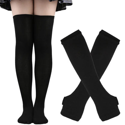Women & Girls Over Knee Long Stripe Printed Thigh High Cotton Socks – Cute Plus Size Arm Sleeve Gloves & Overknee Socks