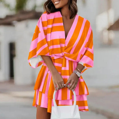 Women’s Sexy V-Neck Ruffle Mini Dress – Summer Boho Floral Batwing Sleeve Beach Party Dress