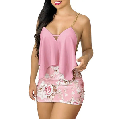 Women’s Summer 2024 Floral Mini Dress – Asymmetrical Chain Strap, Sexy Backless V-Neck Sleeveless Bodycon Dress Set
