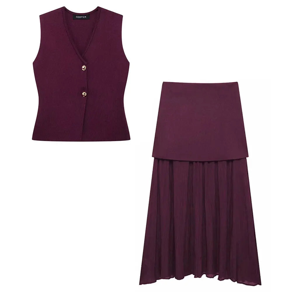 TRAFZA 2025 Women’s Wine Red Skirt Set – Knitted V-Neck Vest with High Waist Zipper Patchwork Long Skirt