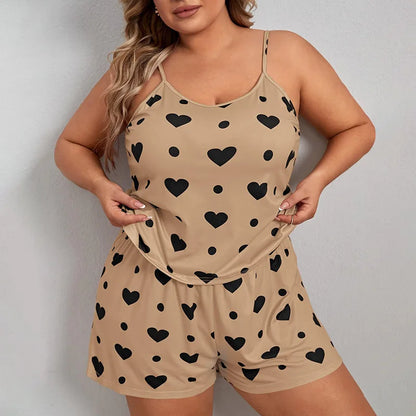 Plus Size Women’s Pajama Set — Sleeveless Heart Print Top & Elastic Waist Shorts, XL–XXXL Sleepwear Nightwear