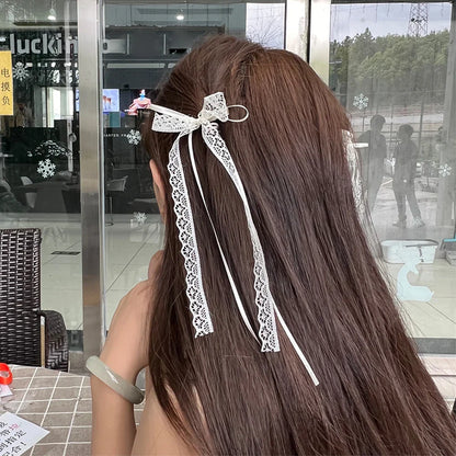 Korean Lace Cream White Bow Ribbon Hair Clip – Bullet Style Side Shredded Hairpin, Headpiece for Women, New Headwear