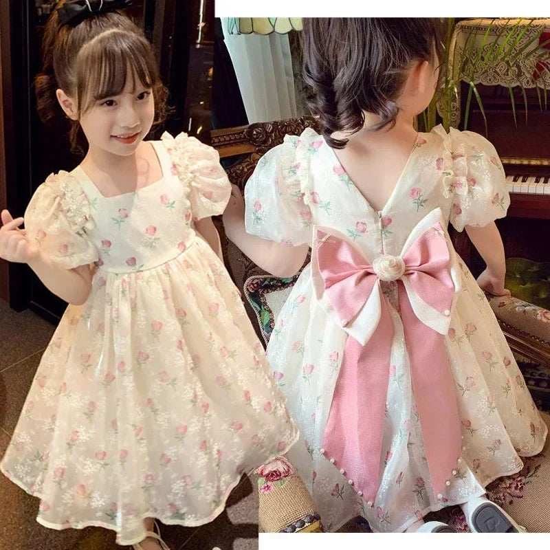 Girls Floral Rose Princess Dress - Lace Tiered Bow Back Pearl Accent Party Dress