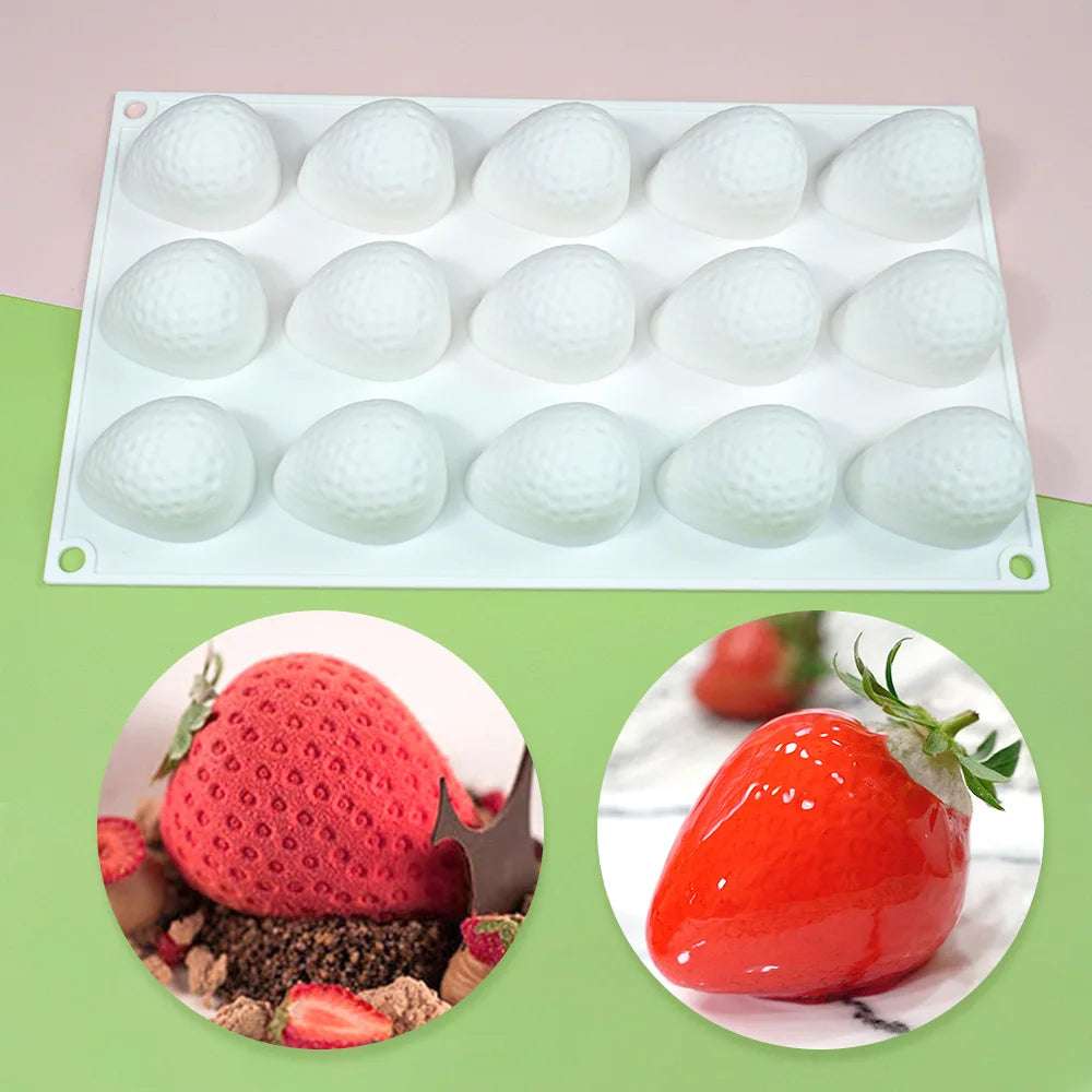 15-Hole Strawberry Silicone Mold – 3D Baking Tray for Mousse, Chocolate, Fruit Cakes & Kitchen Decoration Tools