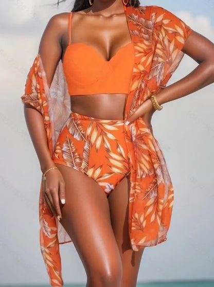 2025 Women’s Three-Piece Floral Bikini Set – Long Sleeve Swimwear with Cover-Up, Stylish Summer Bathing Suit