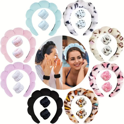 Sponge Spa Headband with Wristbands – Wide Padded Face Washing, Skin Care, Makeup Removal & Shower Headband for Women & Girls