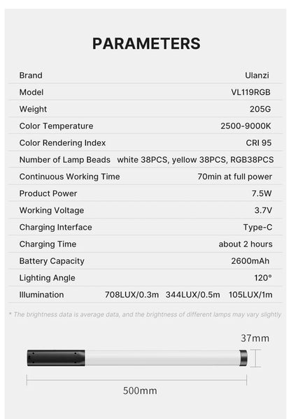 Ulanzi VL119 19.68" Handheld RGB LED Stick Light – Colorful Photography Wand with CRI 95+, 2500K-9000K Studio Lamp