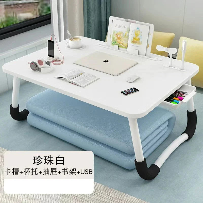 Foldable Laptop Desk for Bed & Sofa – Portable Lap Table with Cup, Book Holder, Drawer, and USB Slot