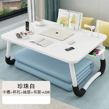 Foldable Laptop Desk for Bed & Sofa – Portable Lap Table with Cup, Book Holder, Drawer, and USB Slot