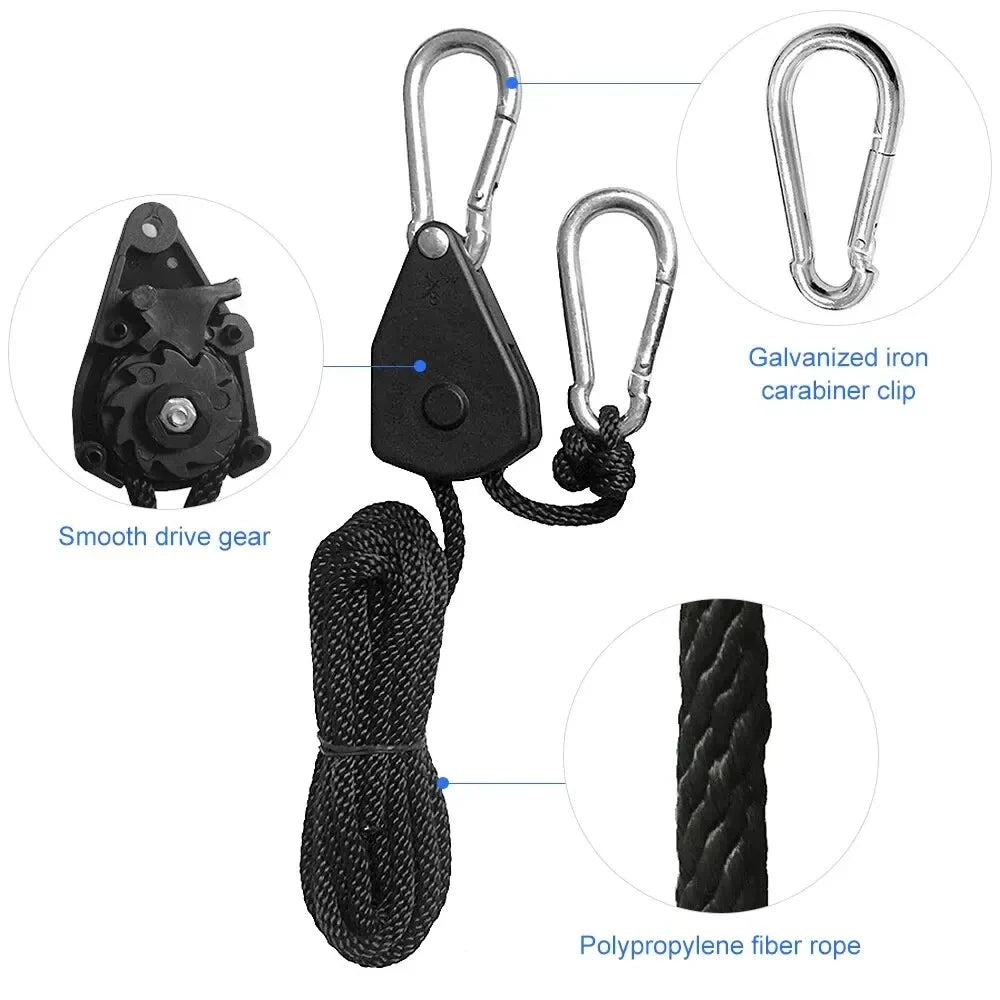 4pcs Adjustable 8-inch Reinforced Rope Ratchet Hangers - Hanging Pulley Hooks for Grow Tents & Plant Lamps