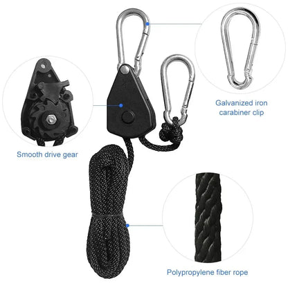 4pcs Adjustable 8-inch Reinforced Rope Ratchet Hangers - Hanging Pulley Hooks for Grow Tents & Plant Lamps