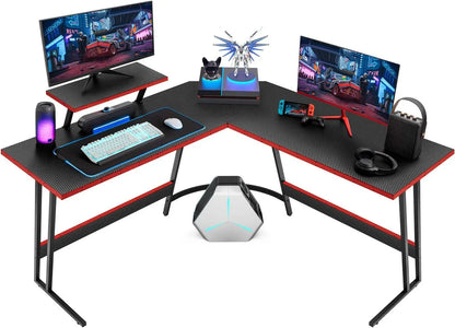PC Gaming Desk with Large Monitor Riser – L-Shaped Corner Desk, Sturdy Writing Workstation for Office & Computer