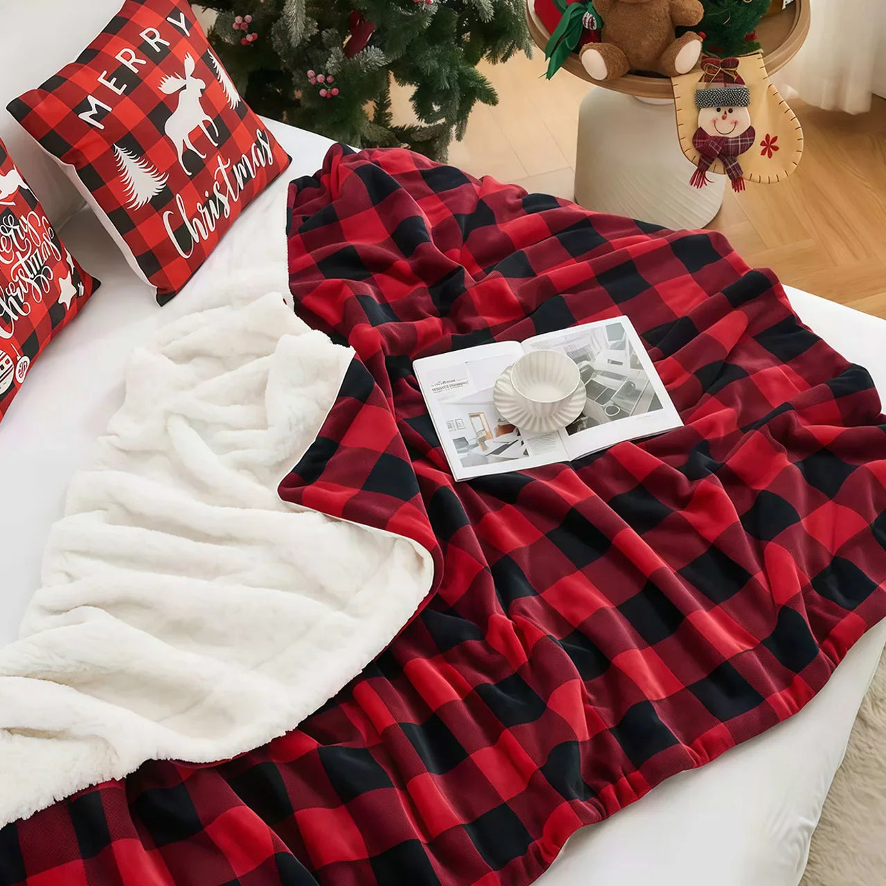 Cozy Sherpa Fleece Buffalo Plaid Blanket – Soft Warm 4lb Throw for Sofa, Bed & Outdoor, All-Season, Machine Washable