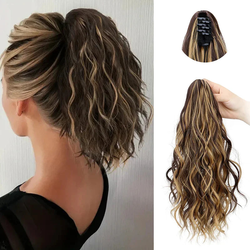 Synthetic Short Curly Water Wave Claw Clip-In Ponytail – Black & Blonde Hair Extension for Women Fashion Accessories
