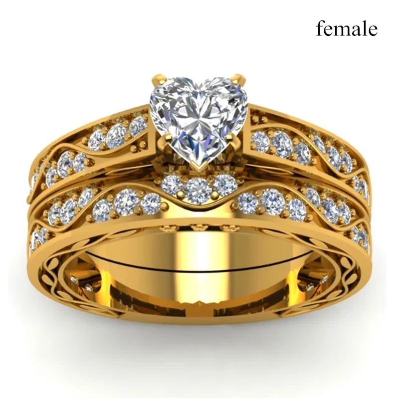 Couple Heart Rings Set - Trendy Stainless Steel Love Rings with Zircon Rhinestone Design for Women & Men Gift