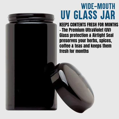 Airtight UV Glass Jar — Smell-Proof 1/2oz-1L Container with 2-Way 62% Humidity Pack to Keep Goods Fresh