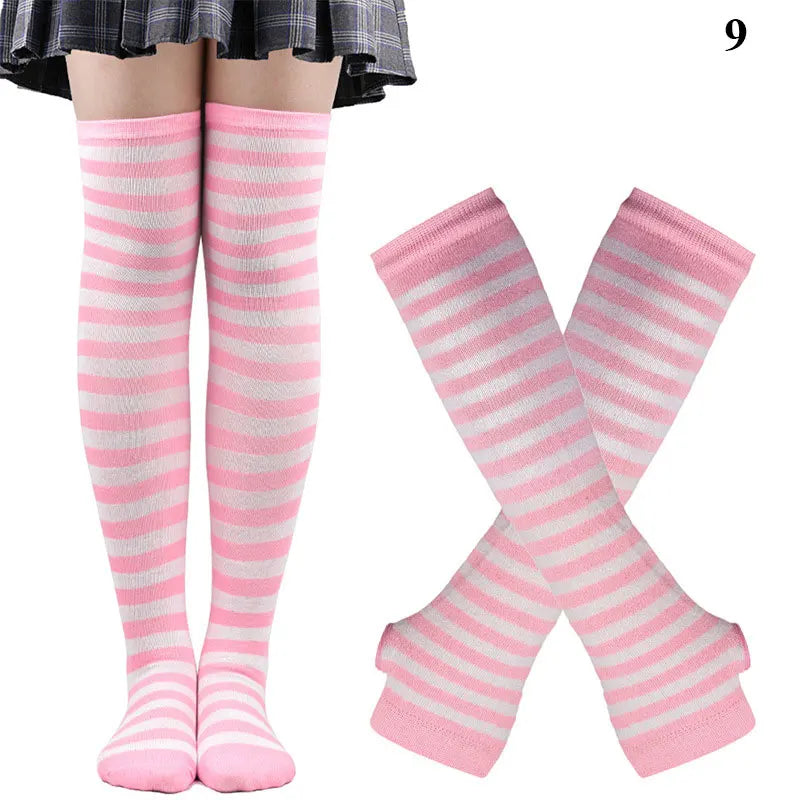 Women’s Over-Knee Long Stripe Socks & Arm Sleeve Gloves – Cute Plus Size Thigh High Cotton Socks