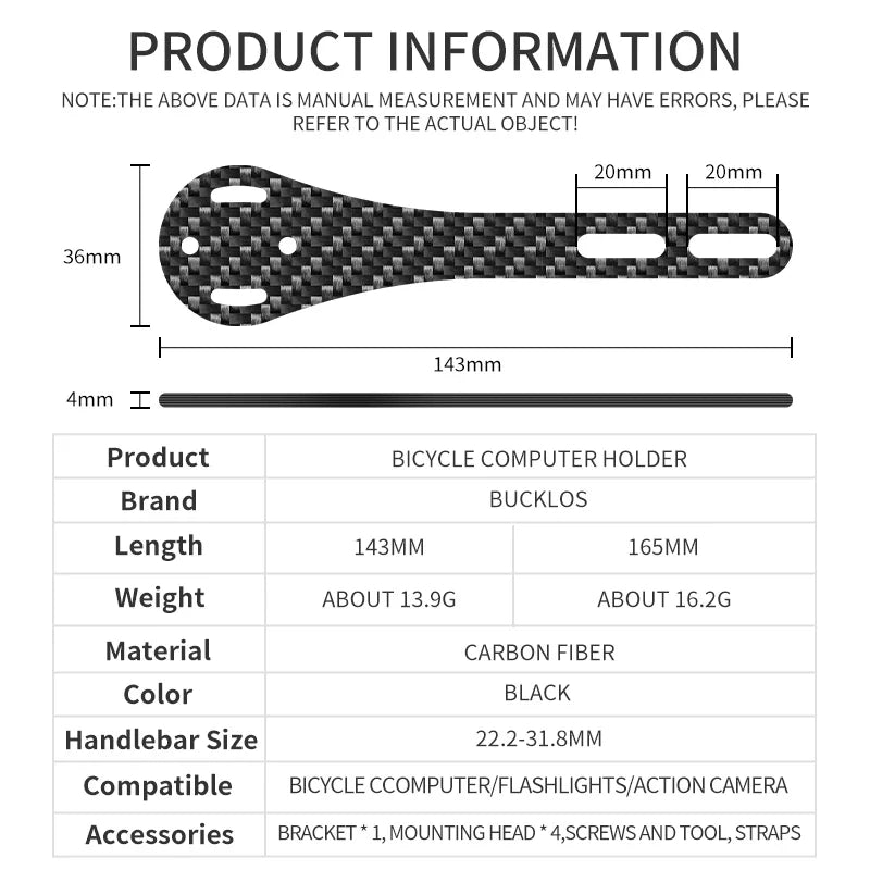 BUCKLOS Carbon Fiber Bike Computer Mount – 143mm/165mm Speedometer Holder for Garmin, Road & Mountain Bikes