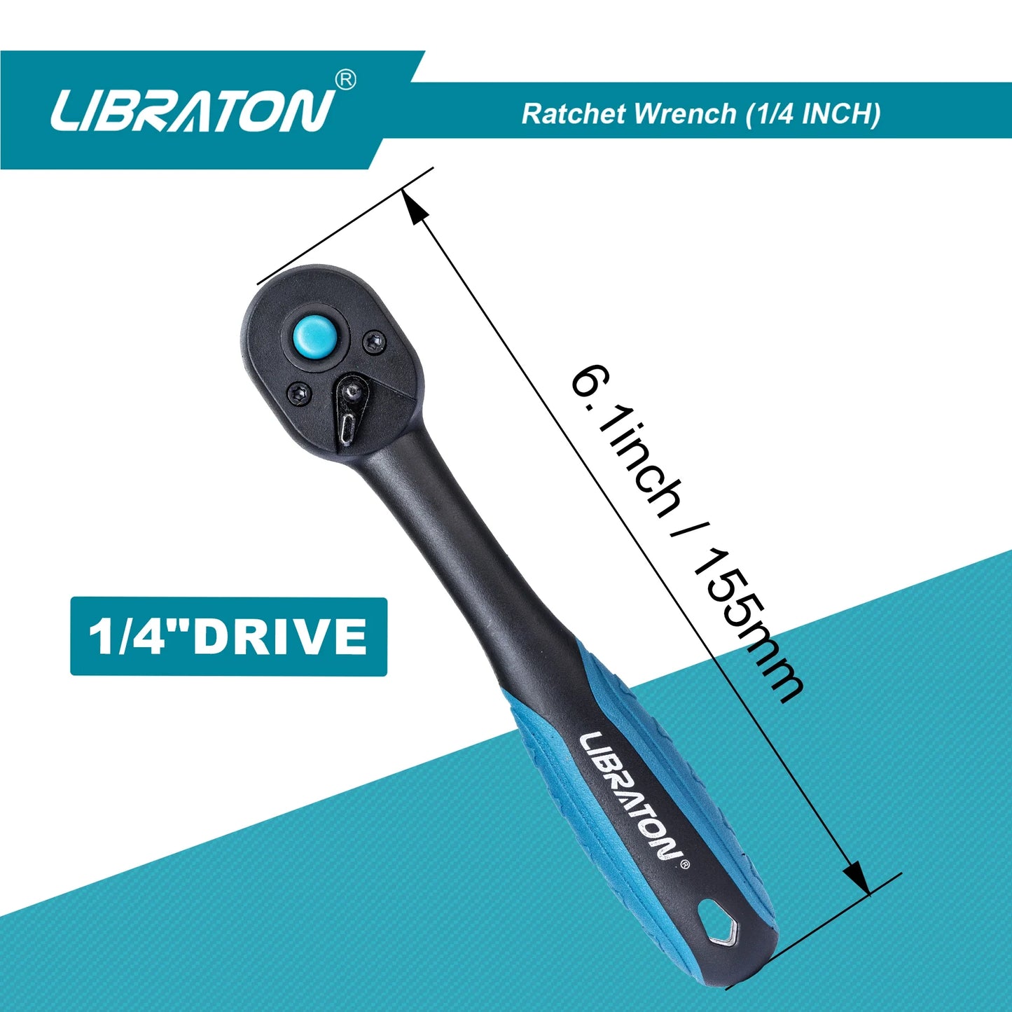 Libraton 1/4 Inch Ratchet Handle – Teardrop Head, Quick-Release, Comfort Grip, 1-Pack