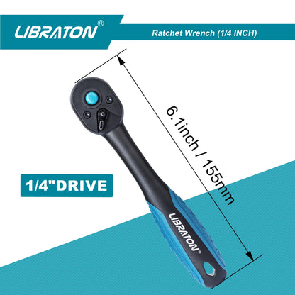 Libraton 1/4 Inch Ratchet Handle – Teardrop Head, Quick-Release, Comfort Grip, 1-Pack
