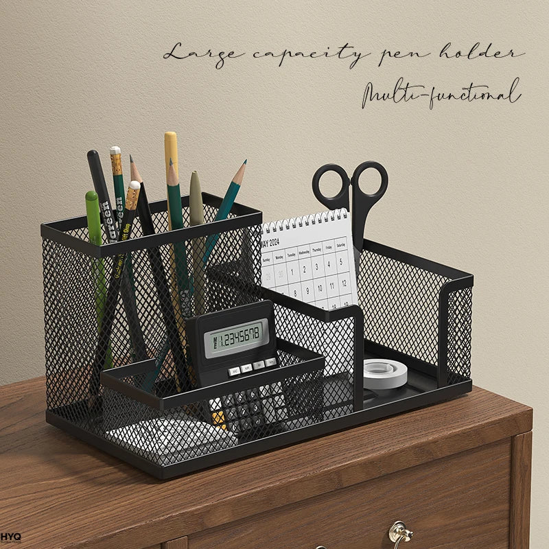 Mesh Desk Organizer Caddy with Pencil Holder and 3 Compartments for Office Desktop Storage – Black Office Supplies Organizer