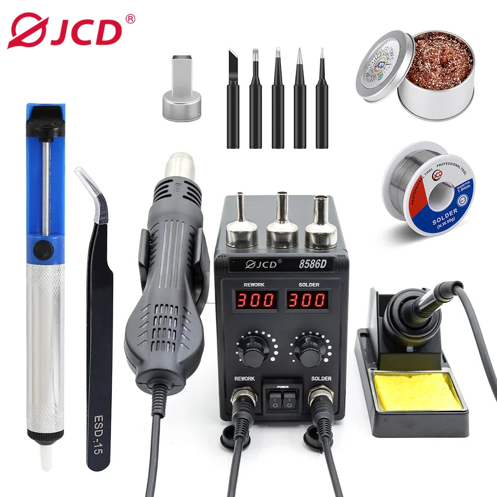 JCD 8586D 2-in-1 750W Soldering Station with Hot Air Gun – LCD Digital Display Electric Soldering Iron for SMD Welding & Rework