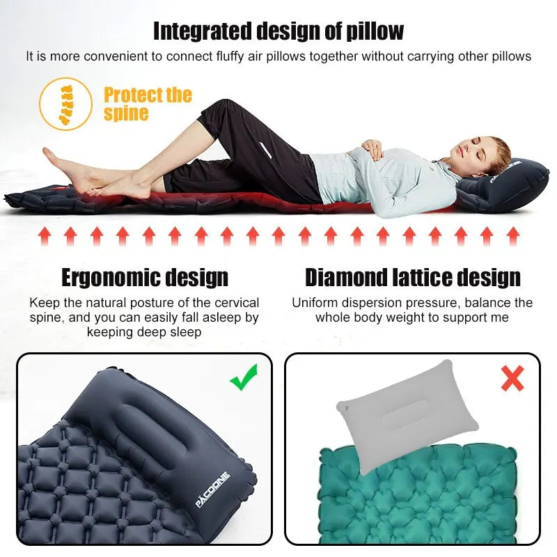 Outdoor Ultralight Inflatable Camping Mattress - Sleeping Pad with Pillows and Built-In Inflator Pump for Hiking
