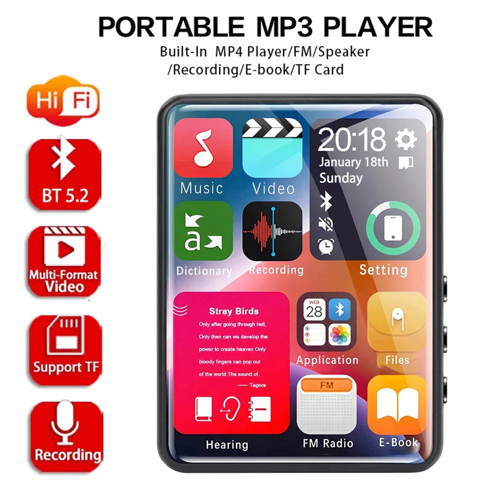 2.4-Inch Full-Screen MP3 Player – Mini MP4 Player with Bluetooth, 4-128GB Storage, Hi-Fi HD Lossless Recording, FM Radio