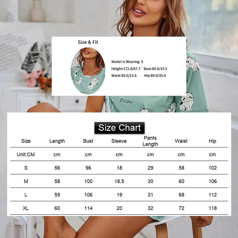 Women’s Pajama Set — 2-Piece Short Sleeve Cartoon Print Sleepwear Top & Pants Loungewear