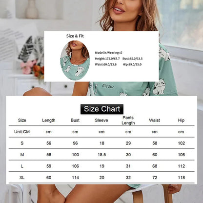 Women’s Pajama Set — 2-Piece Short Sleeve Cartoon Print Sleepwear Top & Pants Loungewear