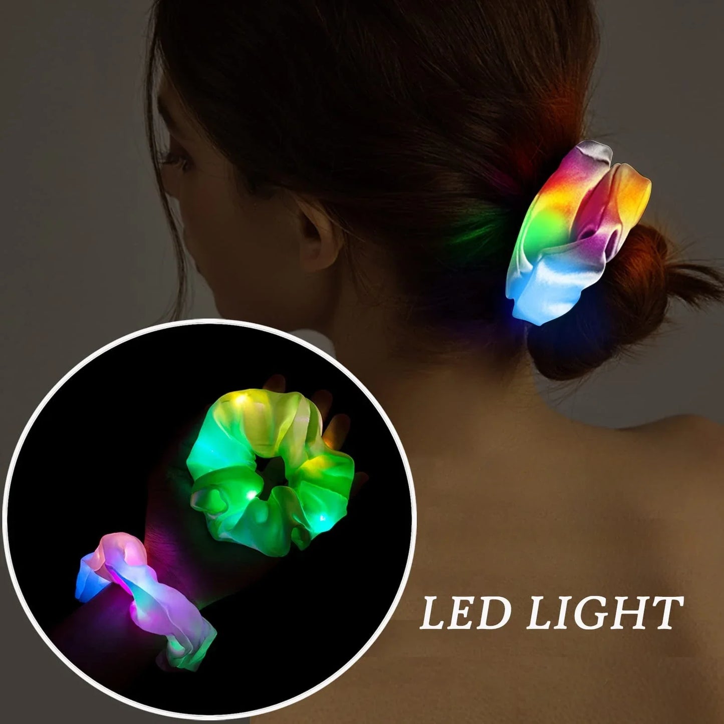 9-Piece LED Light Hair Scrunchies - Satin Elastic Bands for Girls - Halloween & Christmas Glow-in-the-Dark Party Supplies