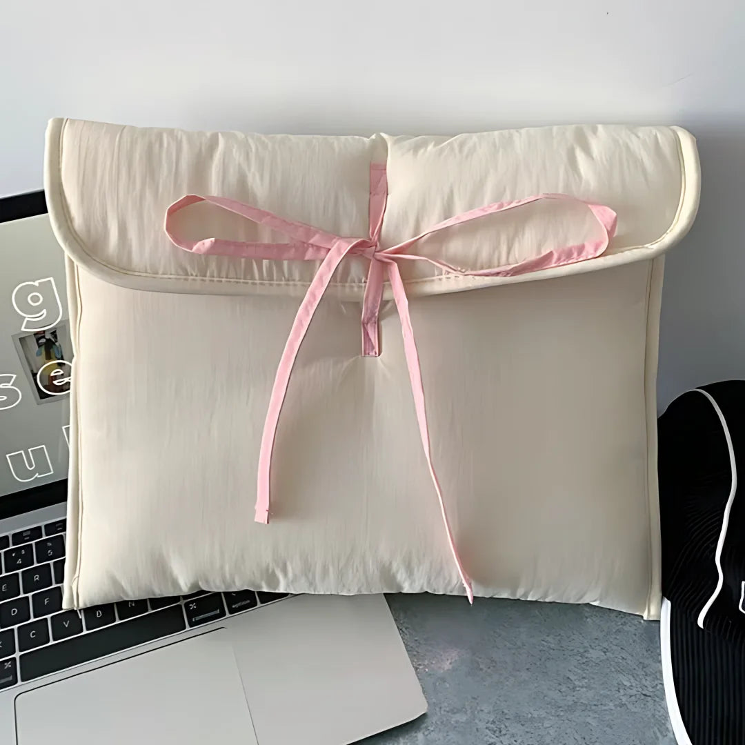 2 Piece Ballet Style Tablet Protective Case | Solid Color Laptop and Tablet Storage Bag for 11-13 Inch | Pink Bow Quilted Tablet Bag