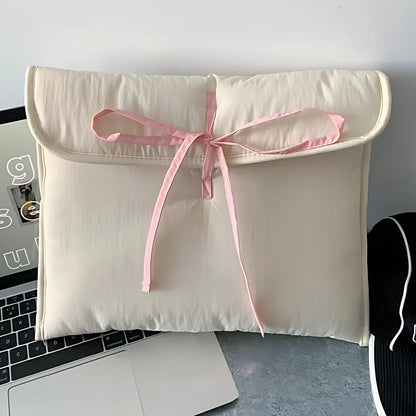2 Piece Ballet Style Tablet Protective Case | Solid Color Laptop and Tablet Storage Bag for 11-13 Inch | Pink Bow Quilted Tablet Bag