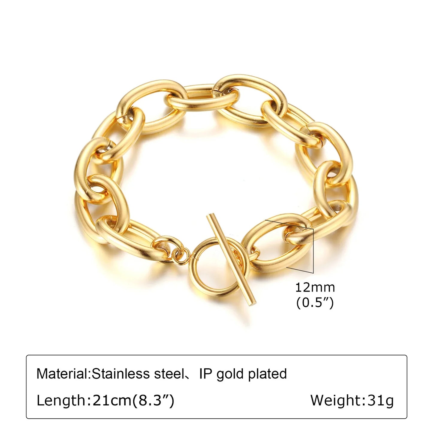 Women's Chunky Gold Plated Stainless Steel Link Chain Bracelet – Waterproof Layered Wristband Jewelry