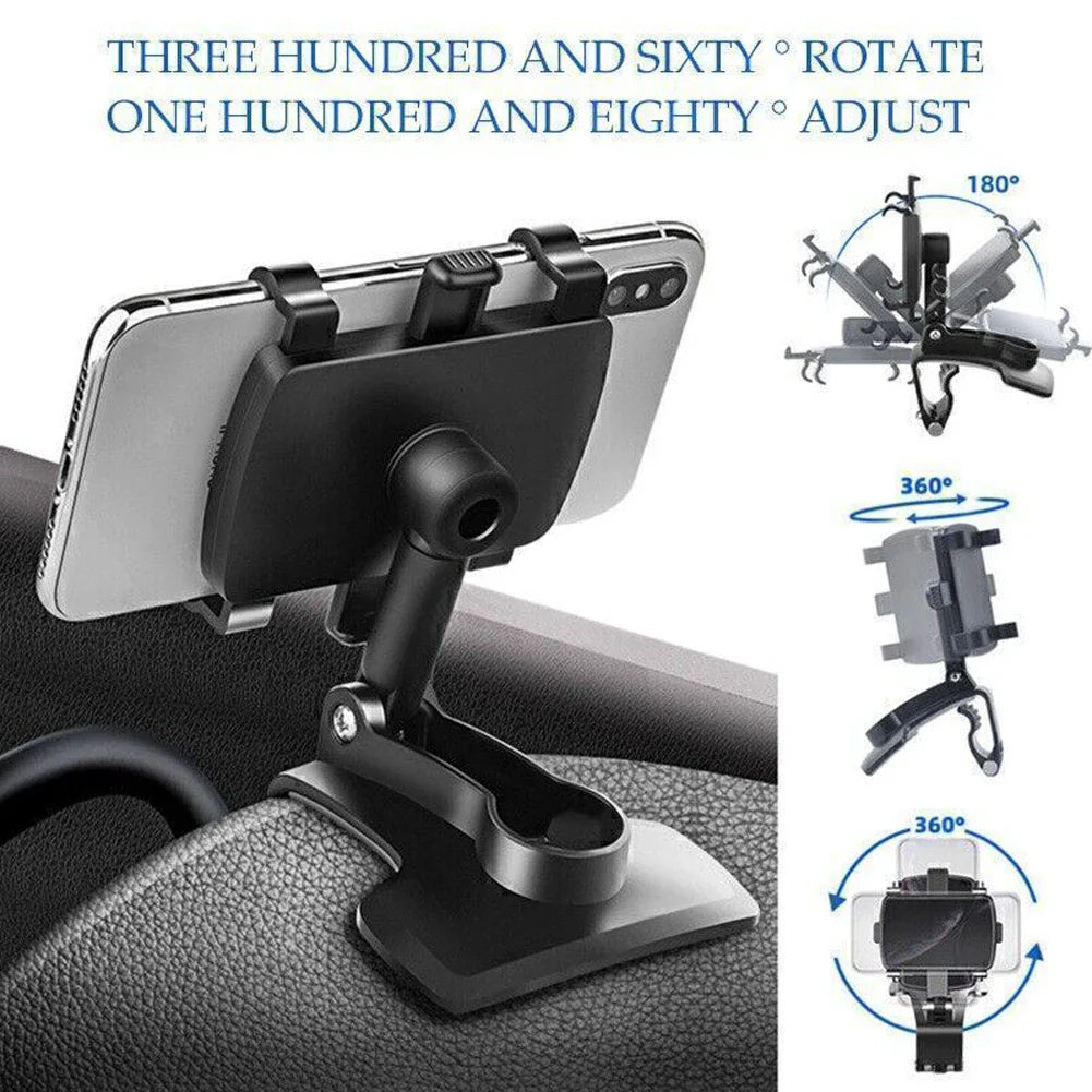 Car Dashboard Phone Holder – 360° Rotating Auto Grip Bracket, Foldable Rearview Mirror Navigation Mount