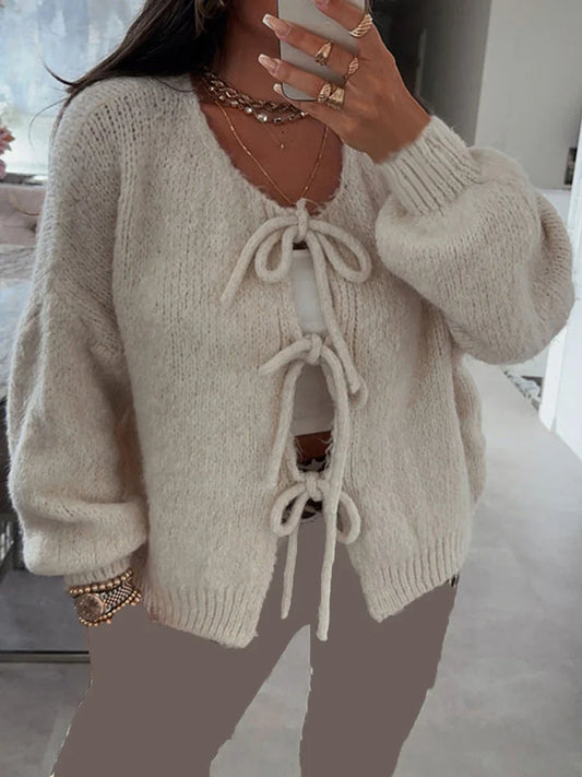 Fashion Knitted Bow Lace-Up Cardigan for Women – Y2K Open Front Sweater, Sweet Lantern Sleeve Oversized Knit Cardigan